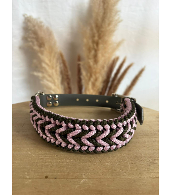 Collier chien Bohème paracorde rose et kaki | Unique
