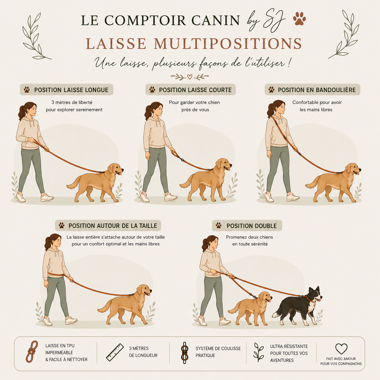 Laisse multi-positions 16mm